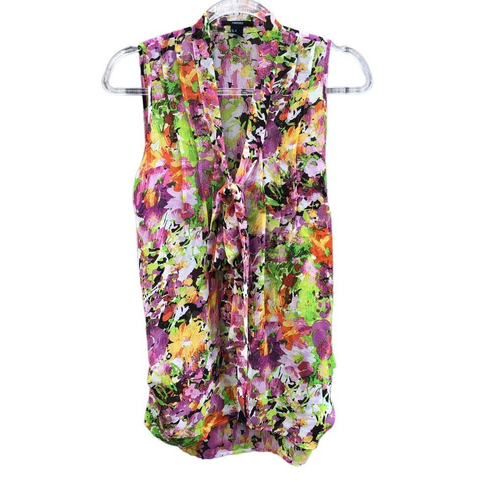 Forever 21 Sheer Bright Floral Abstract Pattern Sleeveless Blouse Medium